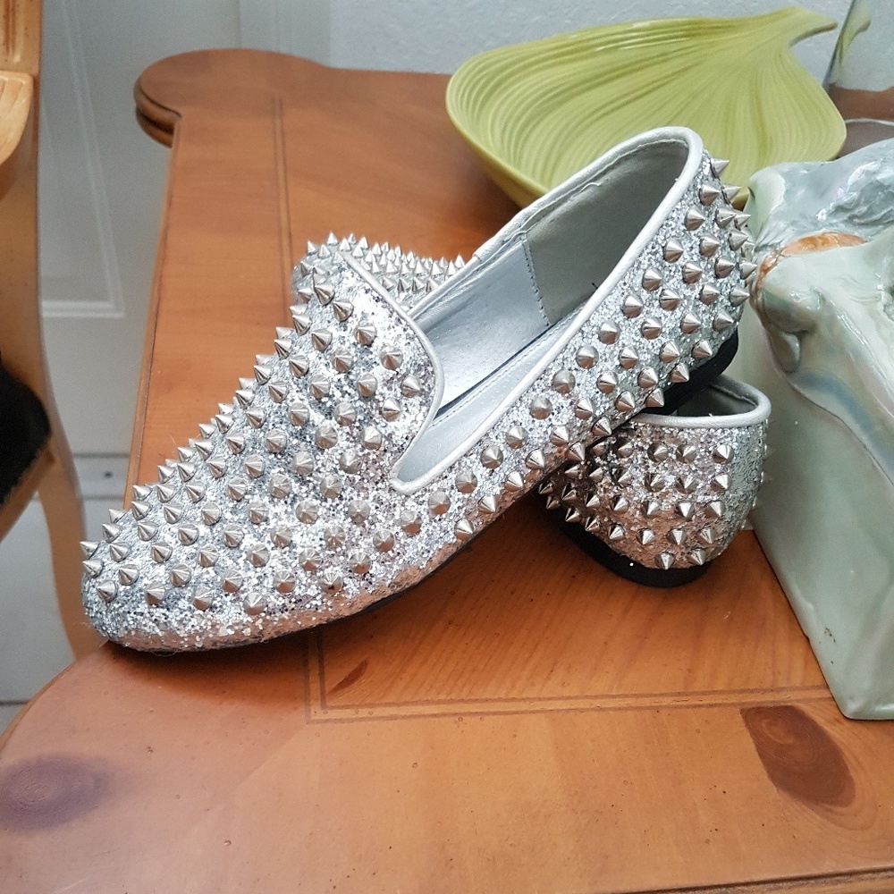 Metallic Silver Studded Loafers